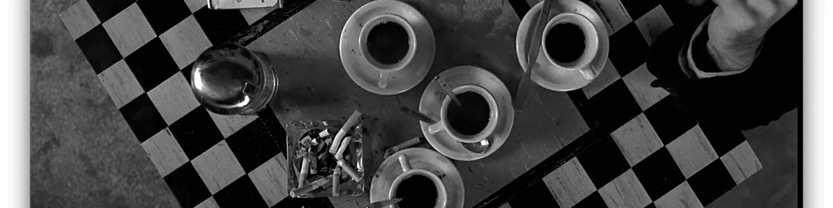 Coffee, Cigarettes, and People on a Chessboard 배너